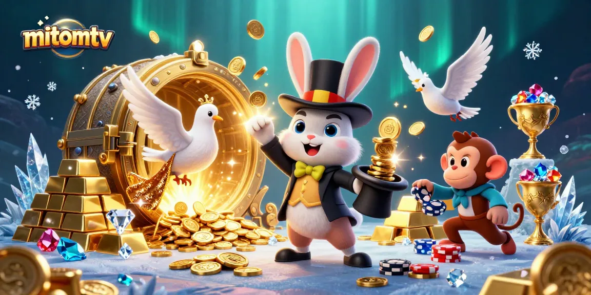 Watch the magician rabbit at mitomtv conjure coins from his hat amidst a treasure trove of jewels.