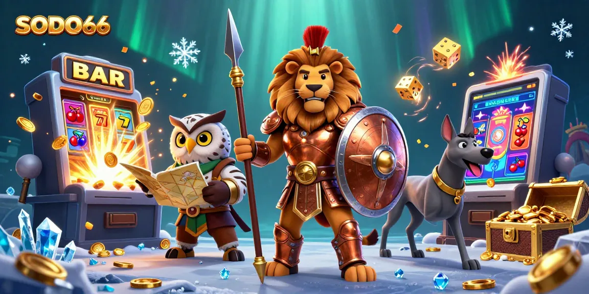 SODO66 engages players with a thrilling atmosphere featuring a 3D bronze Spartan lion and casino elements.