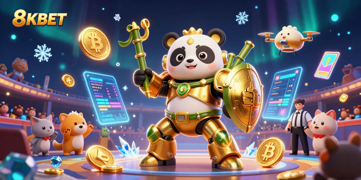 Experience the thrill of gambling with 8KBET in a vibrant 3D illustration featuring a panda in a mech suit.