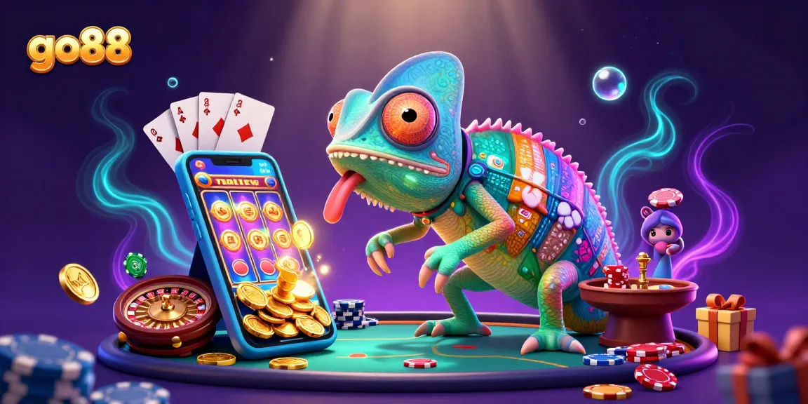 Experience the vibrant gaming world of go88 with an interactive scene featuring a colorful chameleon casino owner amidst dynamic slot game elements.