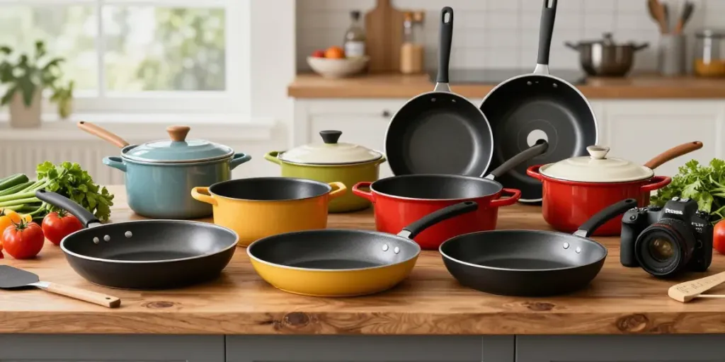 Non-Stick Cookware price in Bangladesh displayed in a bright kitchen, emphasizing vibrant cookware and fresh ingredients.