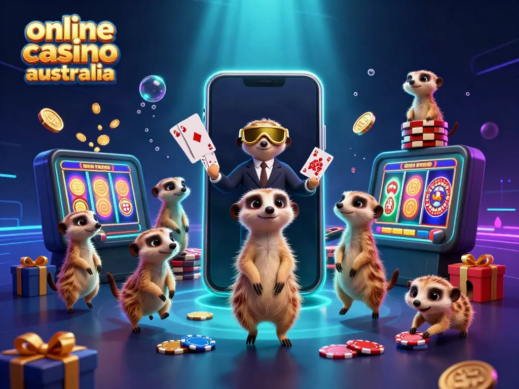 Engaging scene showcasing an online casino australia with meerkats operating casino games and vibrant slot action.