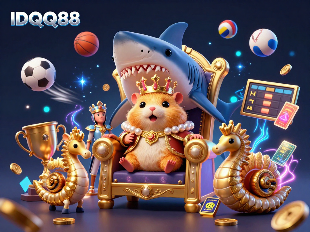 IDQQ88 delivers a thrilling view of a hamster king surrounded by sports elements in vibrant casino action.
