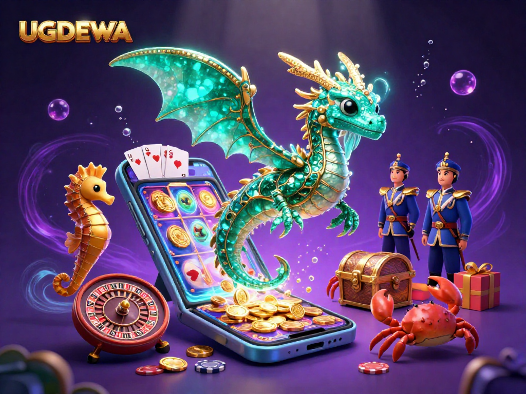 Play immersive slot games with UGDEWA's vibrant underwater scene featuring a dragon and rich casino elements.