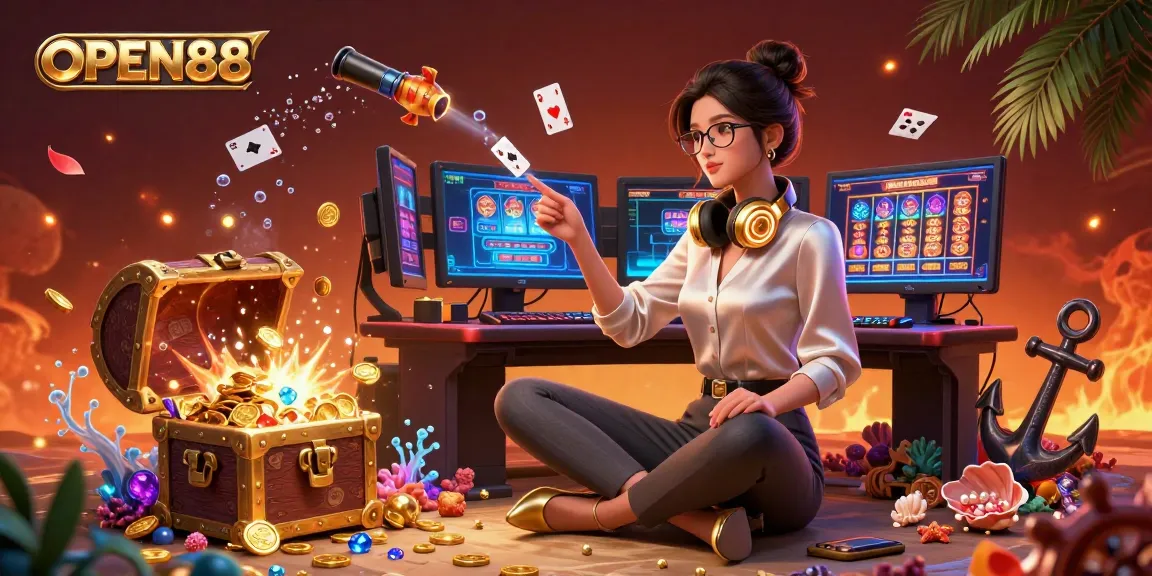 Experience the excitement of OPEN88 with vibrant visuals of casino games, treasure, and rich details.