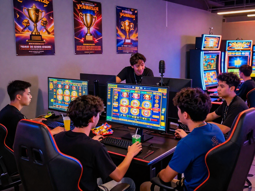 Players enjoying situs slot games in a vibrant online gaming setup with colorful graphics and LED lighting.