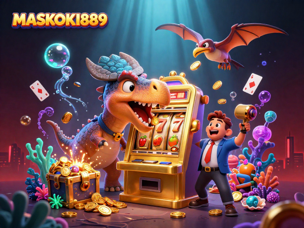 MASKOKI889 offers an engaging cartoon scene of dinosaurs celebrating a jackpot payout in a casino.