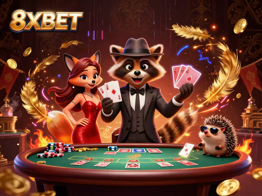 Experience exhilarating gameplay at 8XBET with a lively casino scene featuring animated characters enjoying poker.