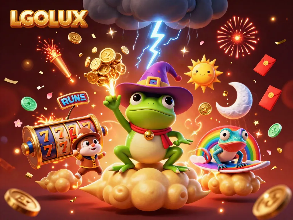 Experience the excitement of winning at LGOLUX with a colorful array of gaming elements, featuring a magical scene.