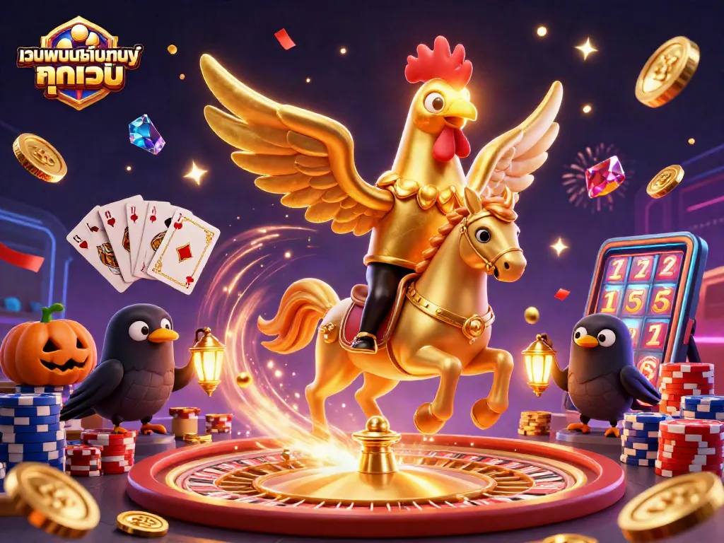 เล่นที่ เว็บพนันออนไลน์ ทุกเว็บ ด้วยภาพการ์ตูน 3D ของไก่ทองคำในคาสิโนกลางคืน