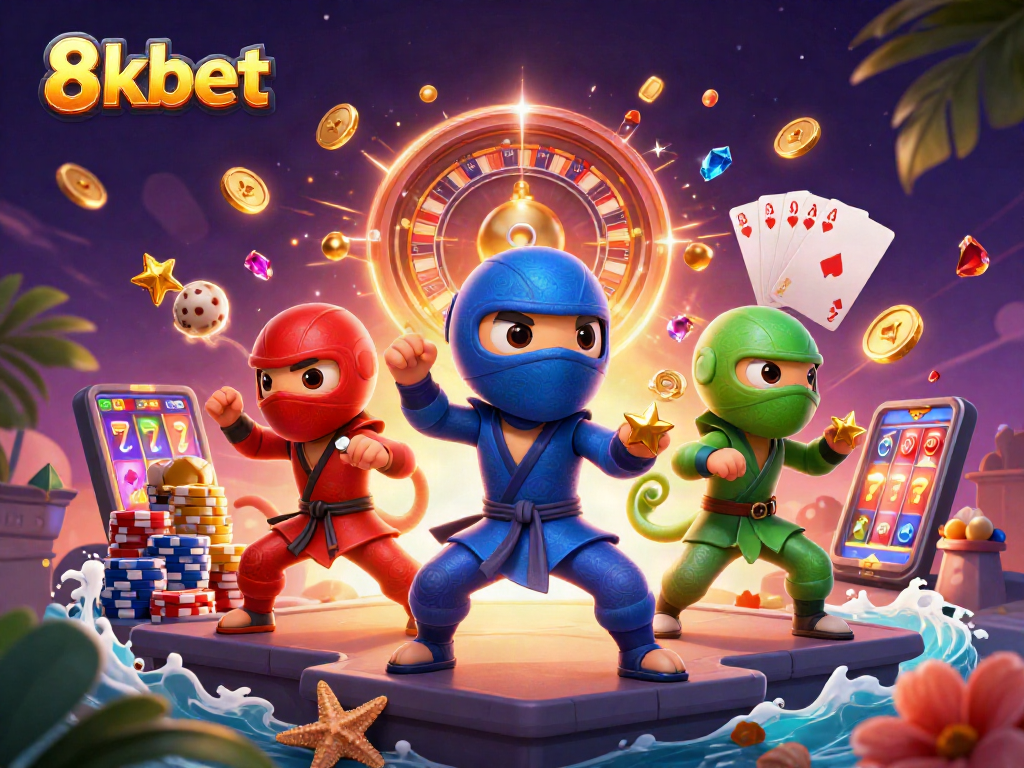 Experience exciting gameplay with 8kbet's colorful ninja chameleons in a dynamic casino scene.