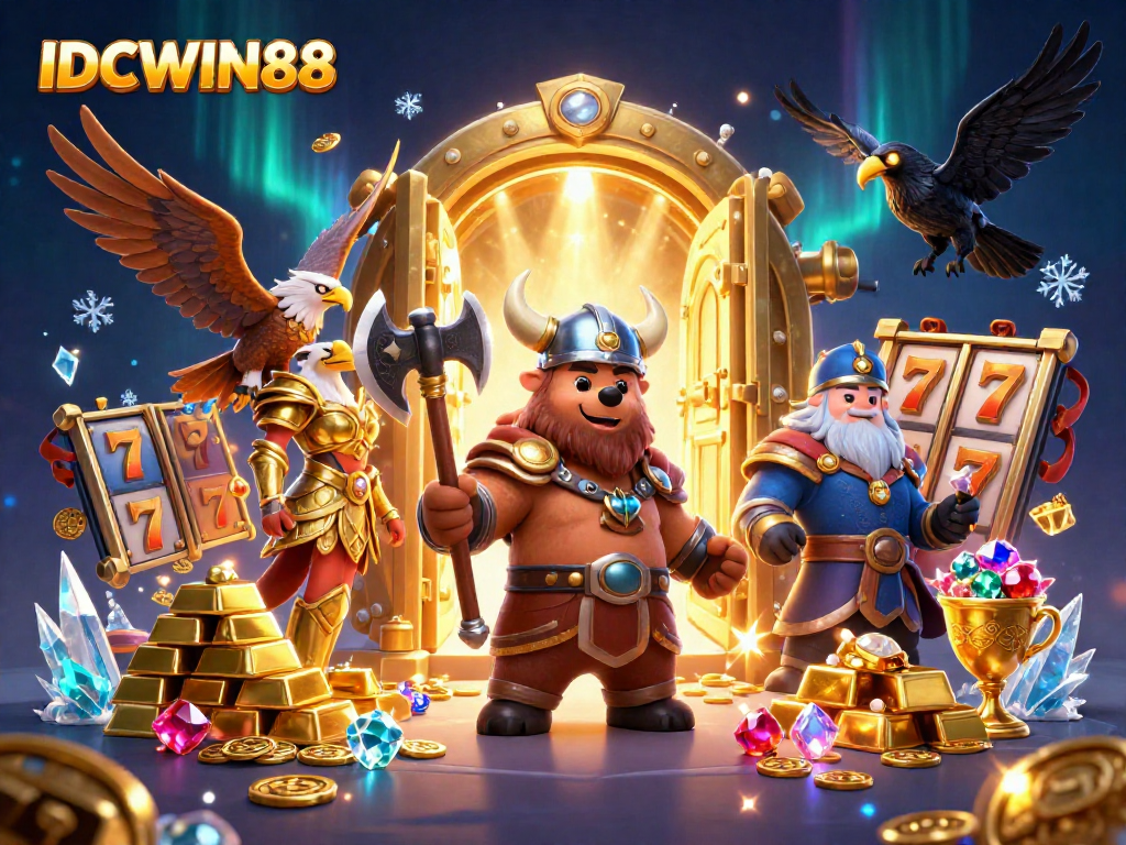 Experience thrilling adventures with IDCWIN88 in this dynamic 3D casino illustration.