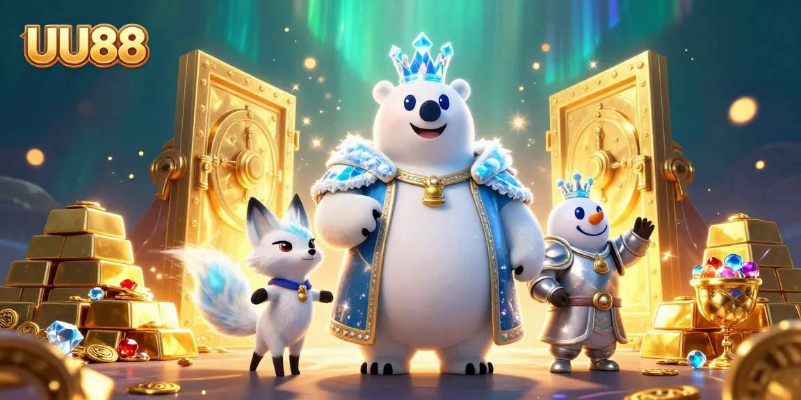 Engage with UU88's vibrant 3D casino scene featuring ice king and snow fox amidst treasures.