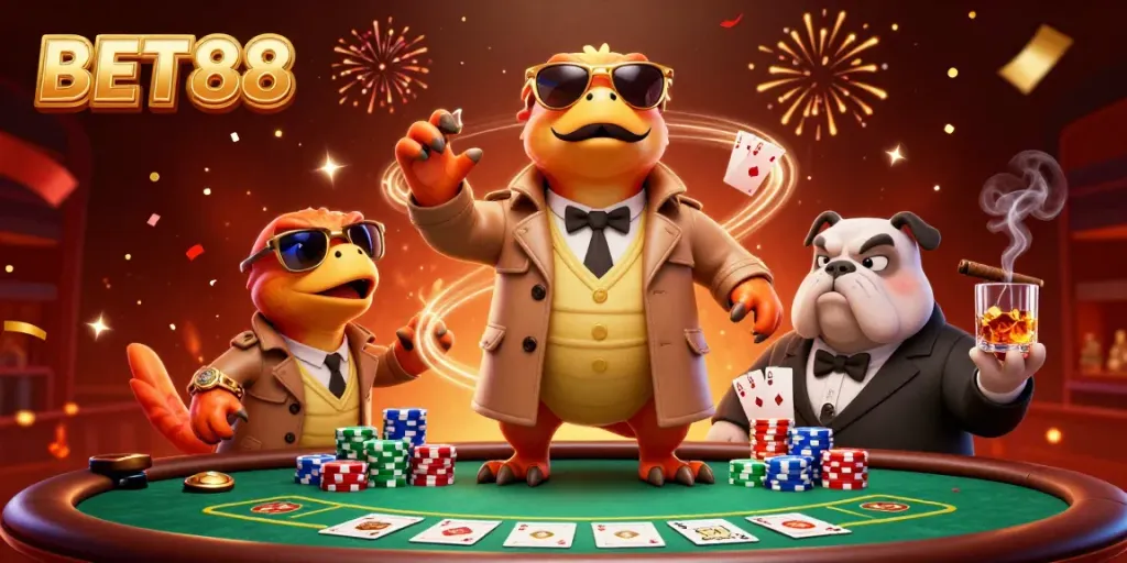 Experience the excitement of BET88 as three raptors in disguise attempt to enter a VIP casino lounge.