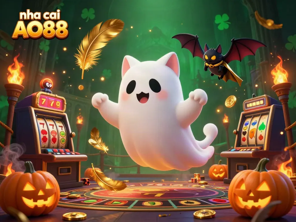 Engaging scene of nha cai AO88 with a playful ghost cat, vampire bat, and poker jack-o-lanterns in a haunted casino.
