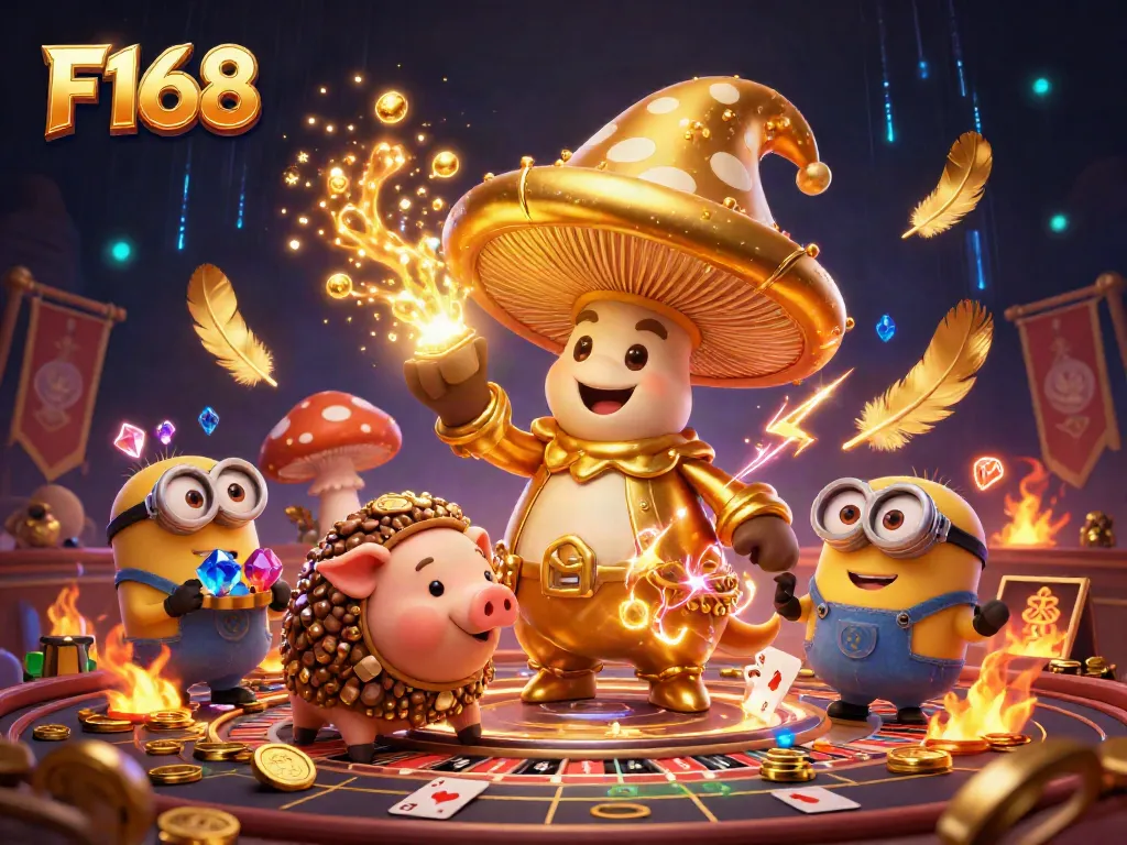 Experience the magic of F168 with our cartoon wizard and treasure-seeking pig in a casino environment.
