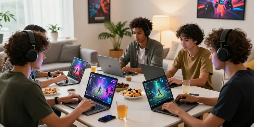 Exciting H19 online gaming scene with friends engaging through various devices.