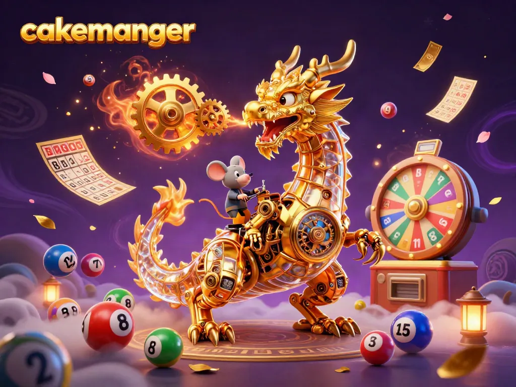 Engage with cakemanager through an exciting golden dragon scene filled with lottery elements and vibrant colors.