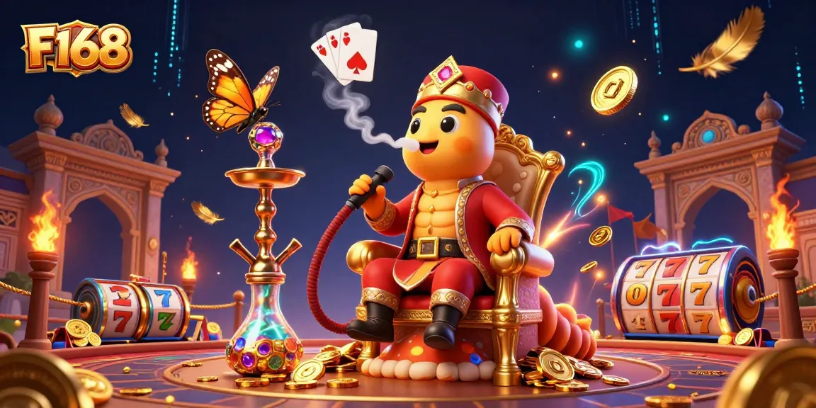 Experience F168's vibrant casino world with a surreal 3D caterpillar and golden treasures.
