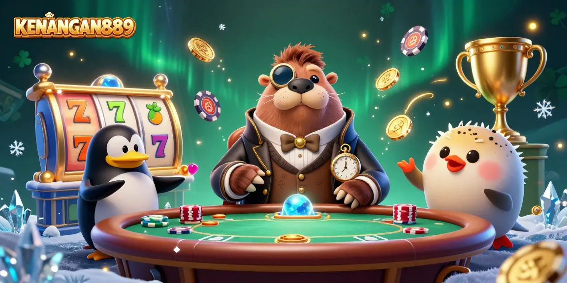 Experience KENANGAN889's thrilling poker scene featuring a walrus, penguin dealer, and bluffing pufferfish.