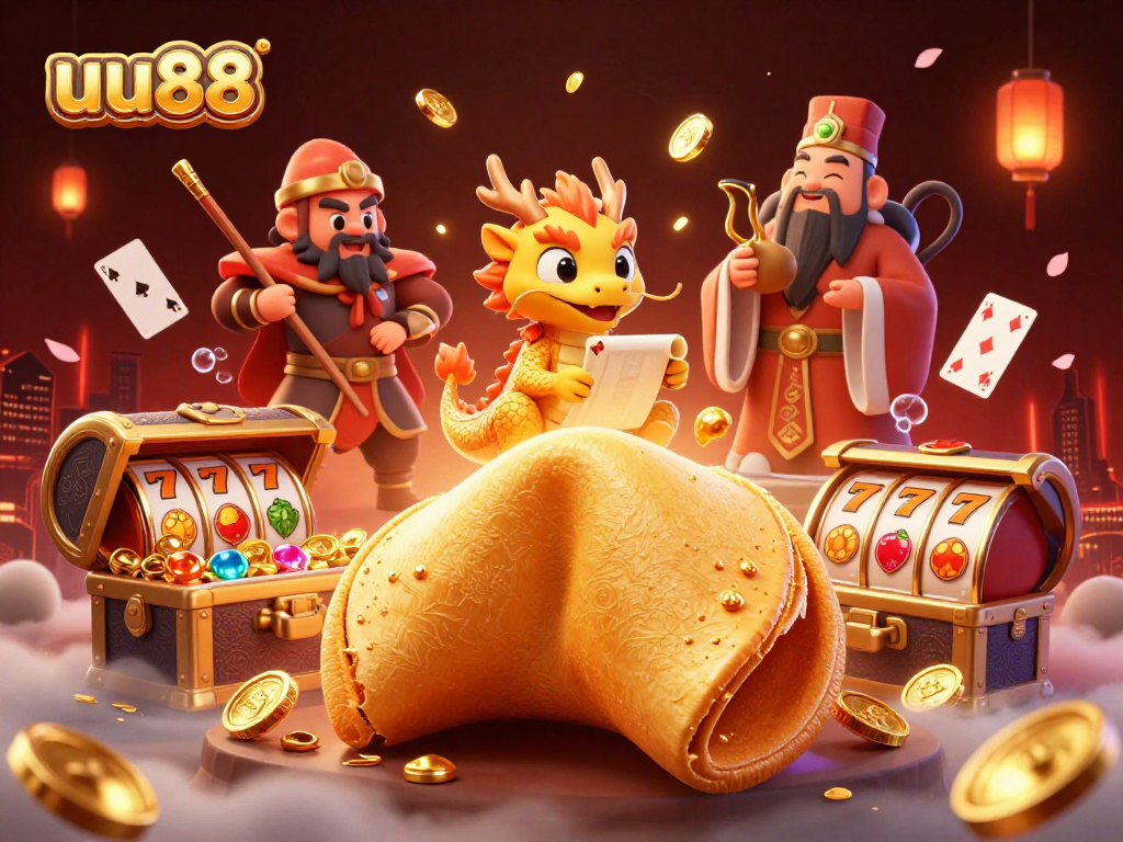 uu88 engages players with a thrilling 3D illustration featuring vibrant casino elements and golden treasures.