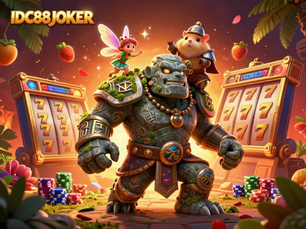 Experience the charm of IDC88JOKER through an enchanting 3D illustration featuring a golem, fairy, and hamster knight.