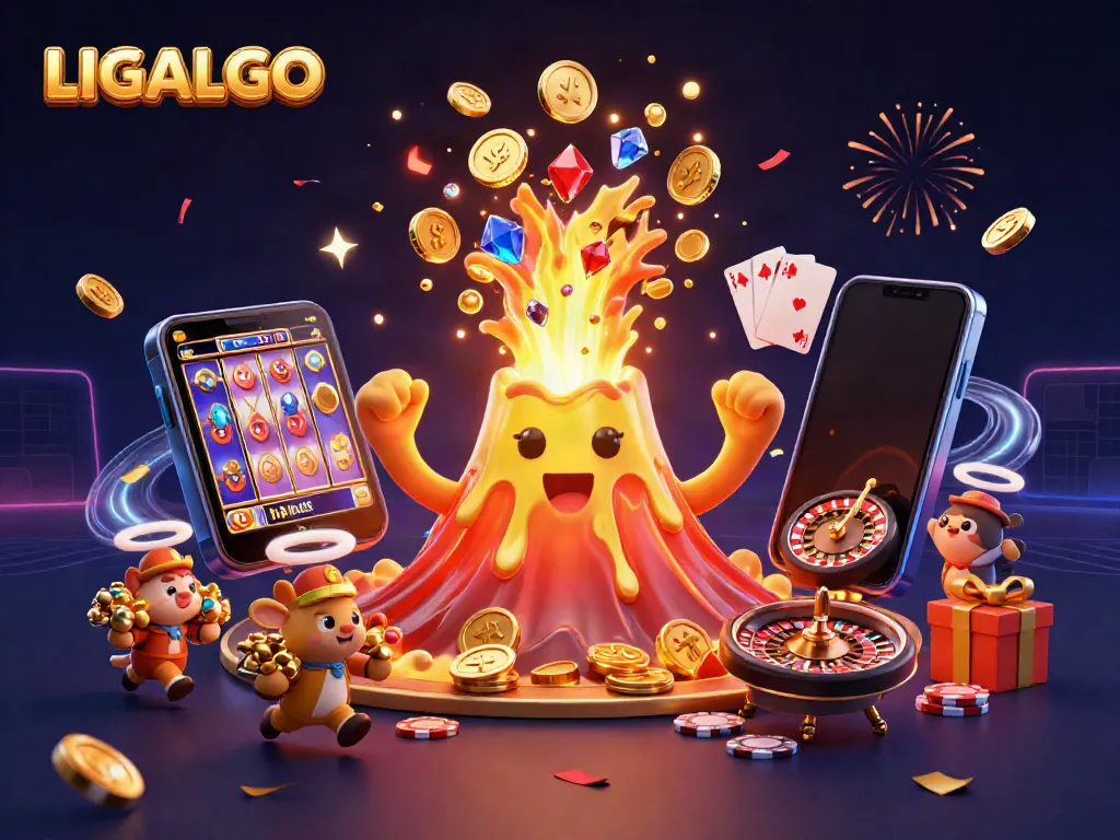 Experience the thrilling world of LIGALGO with a triumphant volcano and golden treasures in this dynamic casino scene.