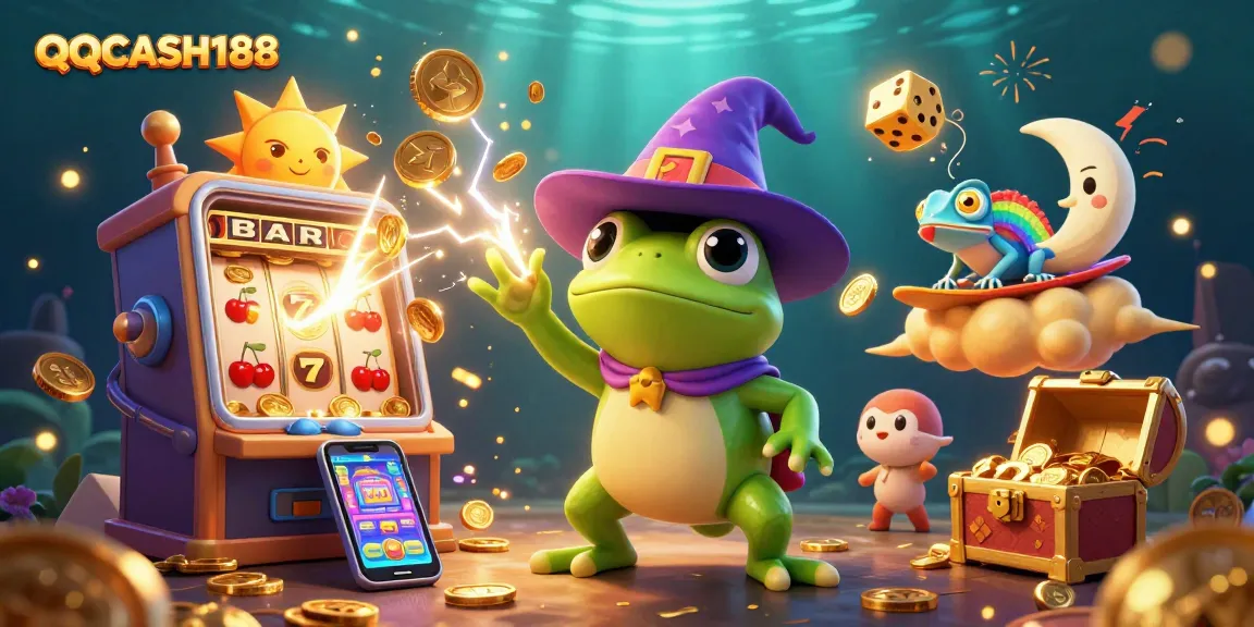 Experience the magic of QQCASH188 with thrilling symbols and enchanted characters in a lively casino scene.