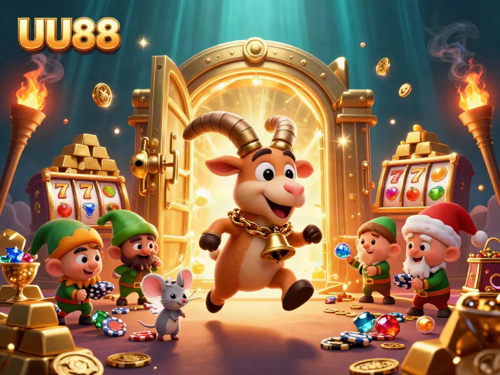 Win big with UU88 at a festive casino, featuring Krampus, an angel mouse, and playful gremlins!