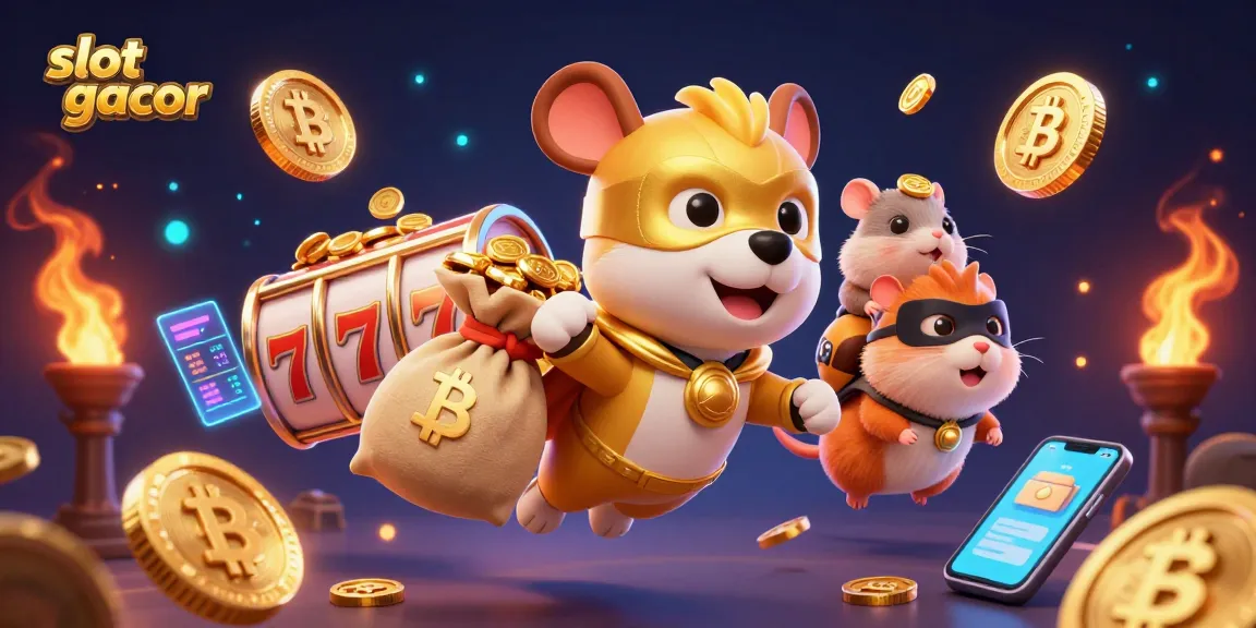 Scene menarik yang menunjukkan aksi slot gacor dengan anjing pahlawan dan hamster di tengah kegembiraan jackpot.