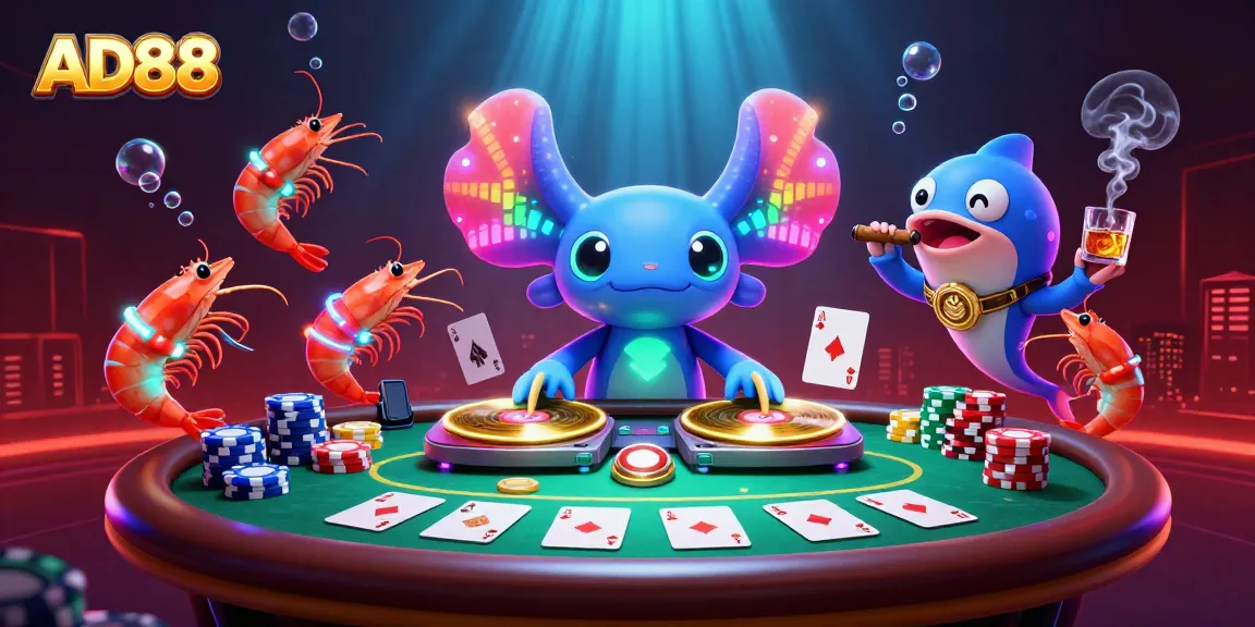 Experience the vibrant casino scene with AD88 featuring a DJ axolotl and lively characters in a dynamic poker setting.