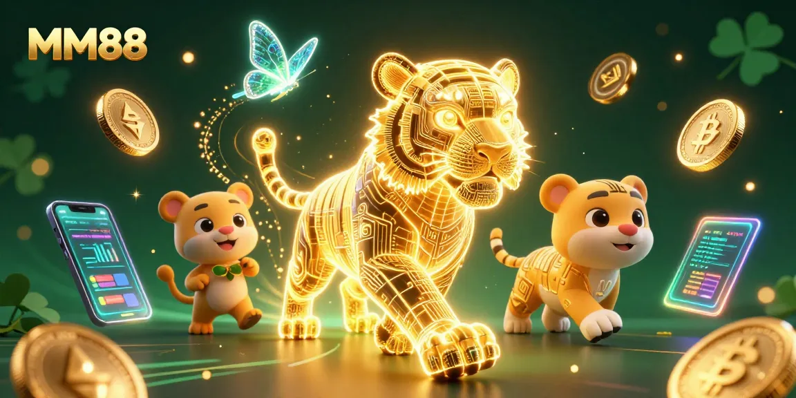 Experience MM88's vibrant casino atmosphere with a golden tiger and crypto elements.