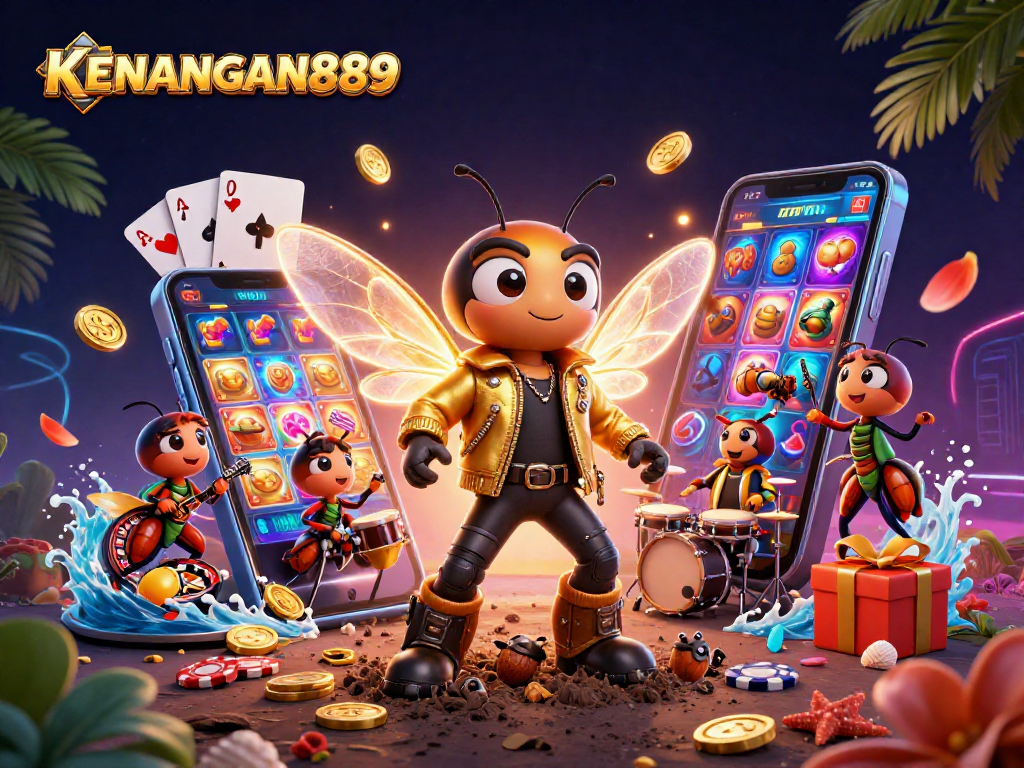 Engage with KENANGAN889's colorful gaming experience featuring a rock star cicada and vibrant slot elements.