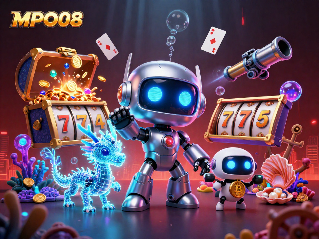 MPO08 offers exciting slot games featuring animated characters amidst a treasure-rich casino scene.