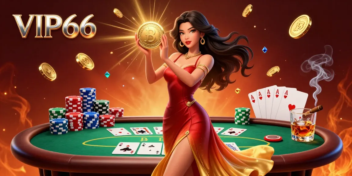 Experience the thrill of VIP66 with a stunning scene of a woman holding golden coins at a vibrant poker table.