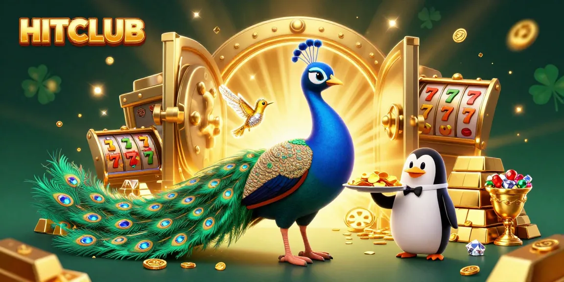 Engage with HITCLUB's vibrant gaming experience featuring sparkling slot machines, golden treasures, and lively characters.