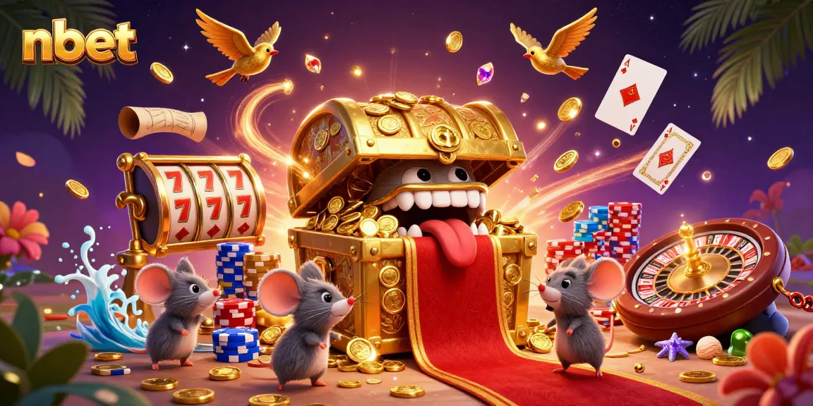 Experience the thrill of nbet with a vibrant casino scene featuring treasure chests and slot machines.