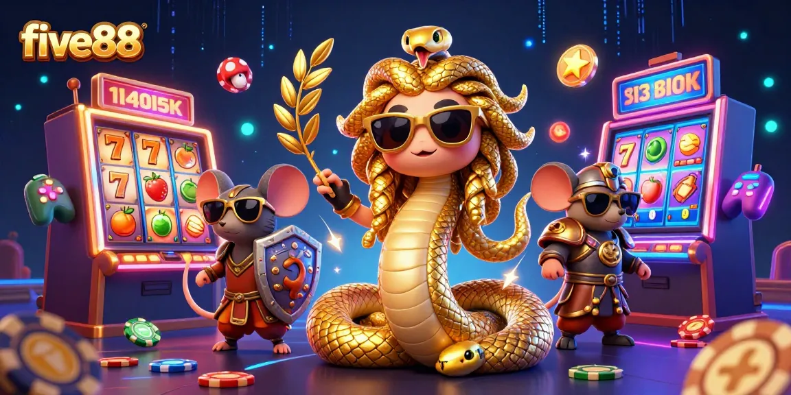 Experience exciting gameplay at five88 with a vibrant scene of Medusa and a warrior mouse engaged in casino slots.