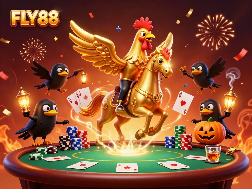 FLY88's thrilling casino adventure comes alive with golden rooster and vibrant gaming elements.