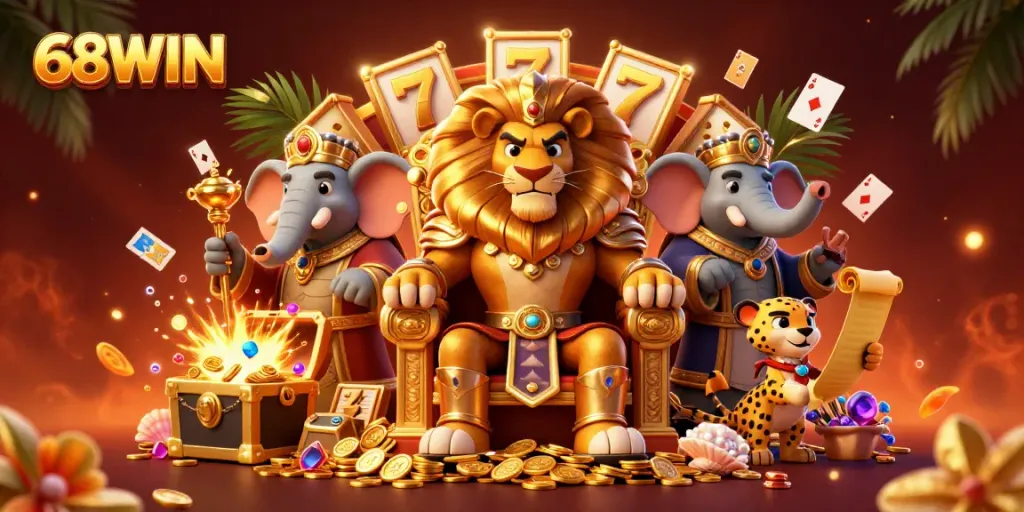 Experience thrilling gaming adventures at 68WIN with a vibrant casino-themed illustration featuring a lion king, elephant advisor, and cheetah messenger.