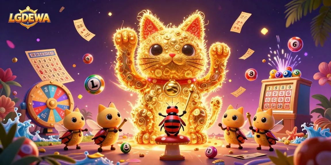 Play exciting games with LGODEWA's golden lucky cat amidst vibrant casino symbols and elements.