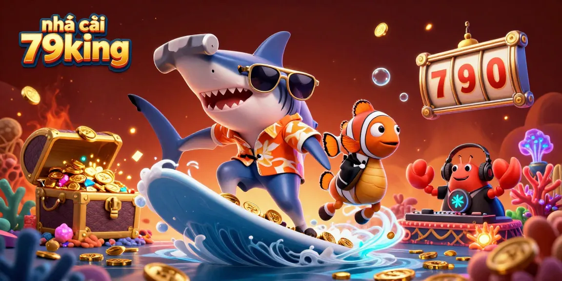 Spin with excitement at nhà cái 79king, in this vibrant underwater casino scene featuring lively characters and slot elements.