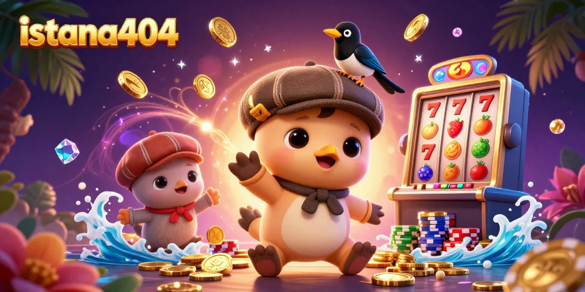 Spin the reels on istana404 with playful characters and vibrant casino elements in a dynamic 3D scene.