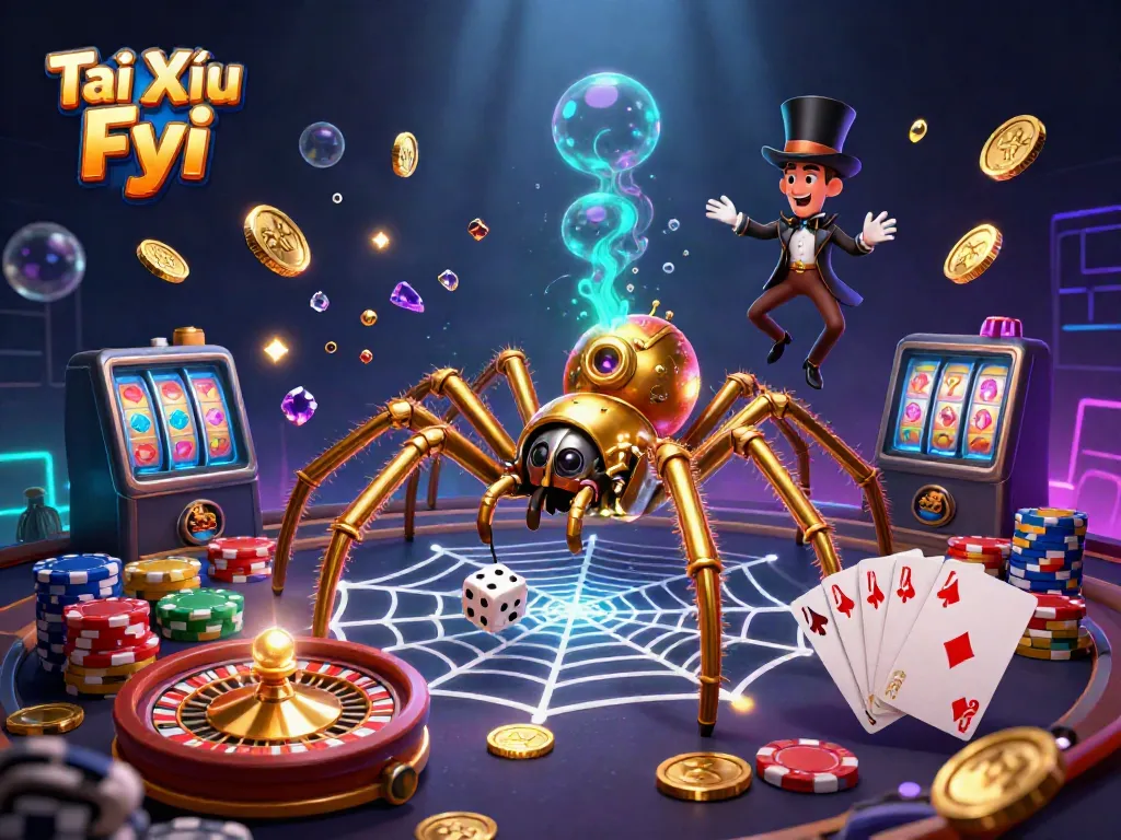 Tài Xỉu Fyi showcases a steampunk spider amidst a vibrant casino scene filled with gold coins and poker elements.