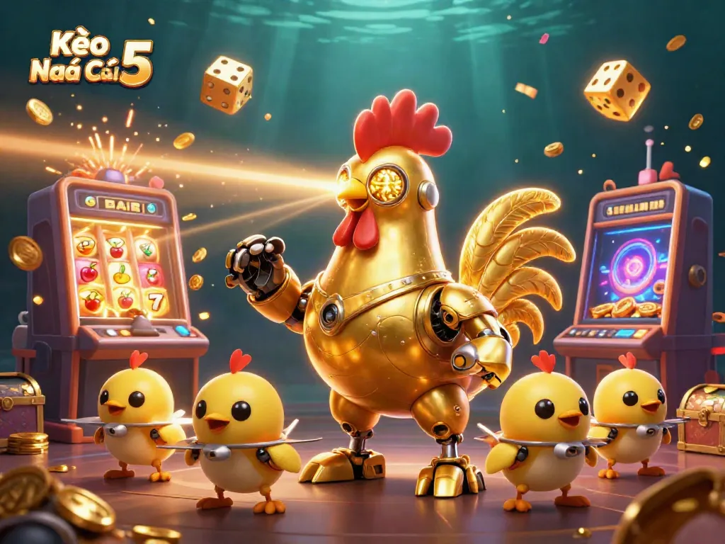 Kèo Nhà Cái 5 showcases a retro-futuristic golden rooster robot amidst vibrant casino game elements.