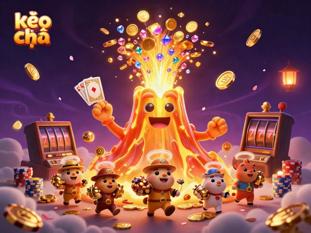 Explore the vibrant world of kèo nhà cái with a triumphant golden volcano amidst treasure-seeking animals and casino elements.