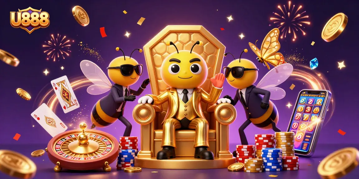 Experience U888's thrilling gaming scene with a buzzing boss and vibrant casino elements.