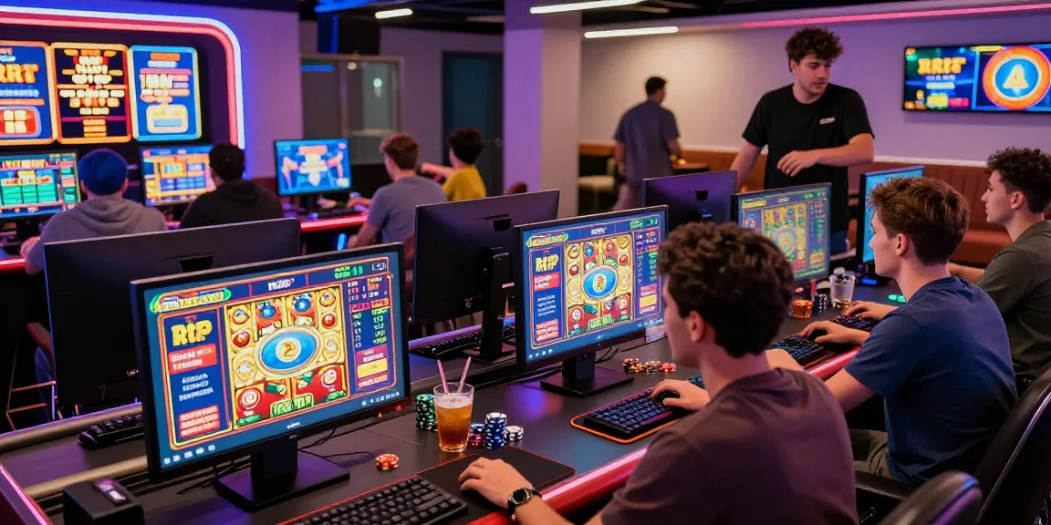 Link Slot Gacor Kartupoker players enjoying live casino and slot games at vibrant gaming stations.