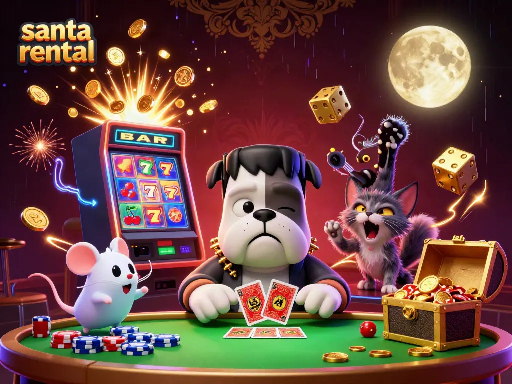 Engage in festive fun with a vibrant scene of a Frankenstein bulldog and ghost mouse in a santa rental casino setting.