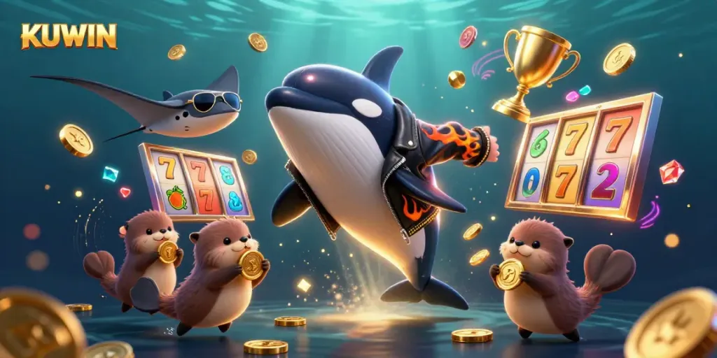 Kuwin Casino presents a vibrant scene of an orca whale, stingray, and otters celebrating with golden coins and slot reels.